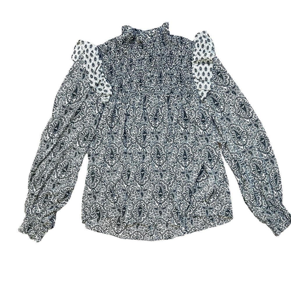 Zara Black and White Paisley Ruffle High Neck Blouse